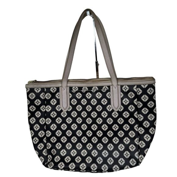 Fossil Sydney Geometric Diamond Coated Canvas Tote Bag Black/Ivory Purse Shopper - Picture 4 of 12